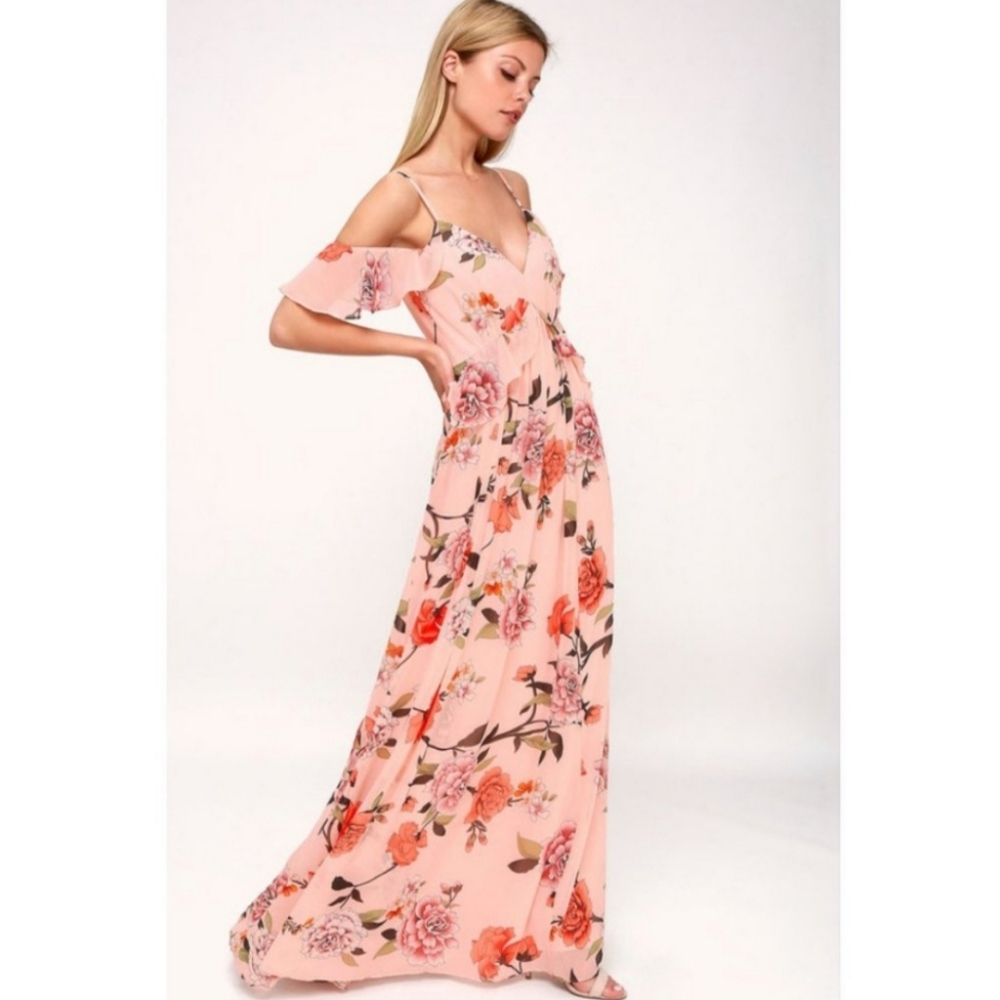 LuLus De Fleur Blush Floral Pink Ruffled Shoulder Maxi Dress NWT, Size Medium